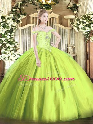 Fine Ball Gowns Quinceanera Gown Yellow Green Off The Shoulder Tulle Sleeveless Floor Length Lace Up