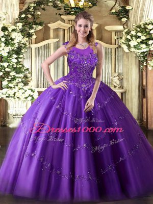 Perfect Purple Sleeveless Tulle Zipper Sweet 16 Dress for Military Ball and Sweet 16 and Quinceanera