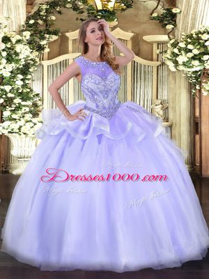 Fashion Lavender Sleeveless Floor Length Beading Zipper 15th Birthday Dress