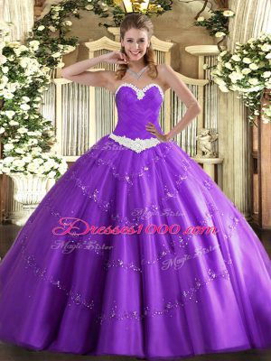 Floor Length Lavender Ball Gown Prom Dress Tulle Sleeveless Appliques