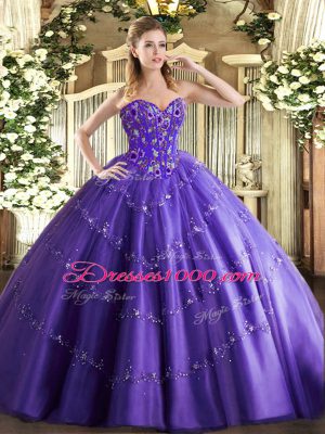 Purple Ball Gowns Tulle Sweetheart Sleeveless Appliques and Embroidery Floor Length Lace Up Quinceanera Dresses