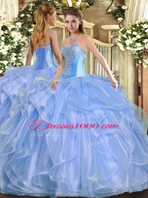 Eye-catching Floor Length Baby Blue Quinceanera Gown Organza Sleeveless Beading and Ruffles