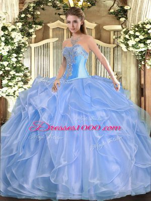 Eye-catching Floor Length Baby Blue Quinceanera Gown Organza Sleeveless Beading and Ruffles