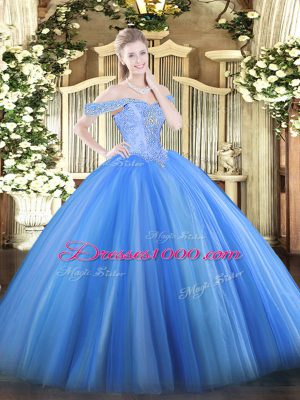 Gorgeous Baby Blue Ball Gowns Tulle Off The Shoulder Sleeveless Beading Floor Length Lace Up Quinceanera Gowns