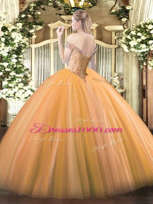 Gorgeous Baby Blue Ball Gowns Tulle Off The Shoulder Sleeveless Beading Floor Length Lace Up Quinceanera Gowns