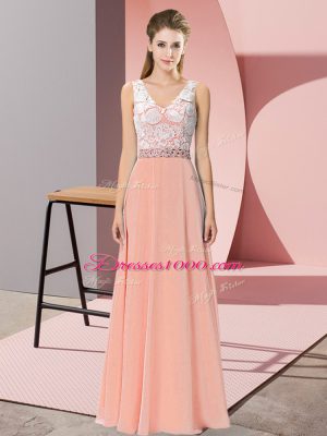 High Class Peach Backless Prom Dresses Beading Sleeveless Floor Length