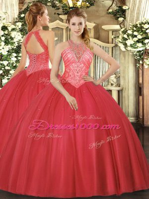 High Class Ball Gowns Sweet 16 Quinceanera Dress Red High-neck Tulle Sleeveless Floor Length Lace Up