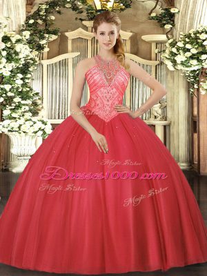 High Class Ball Gowns Sweet 16 Quinceanera Dress Red High-neck Tulle Sleeveless Floor Length Lace Up