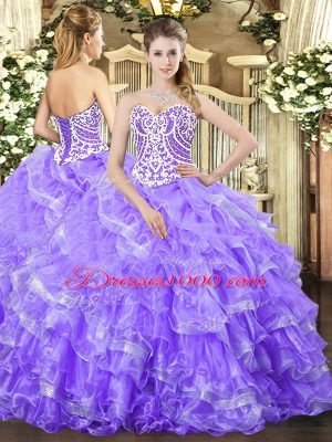 Lavender Lace Up 15 Quinceanera Dress Beading and Ruffled Layers Sleeveless Floor Length