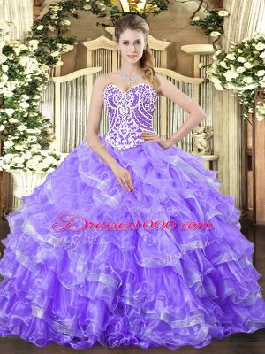 Lavender Lace Up 15 Quinceanera Dress Beading and Ruffled Layers Sleeveless Floor Length