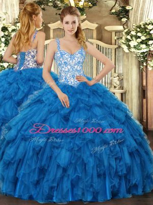 Pretty Blue Ball Gowns Organza Straps Sleeveless Beading and Ruffles Floor Length Lace Up Sweet 16 Dresses