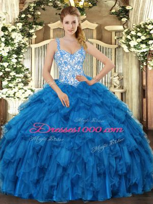 Pretty Blue Ball Gowns Organza Straps Sleeveless Beading and Ruffles Floor Length Lace Up Sweet 16 Dresses