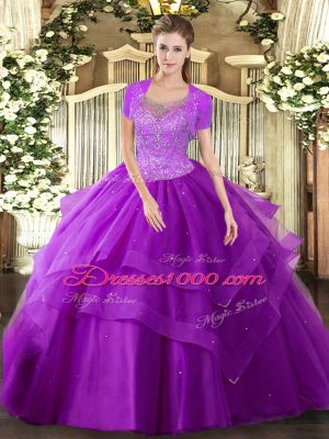 Eggplant Purple 15 Quinceanera Dress Military Ball and Sweet 16 and Quinceanera with Beading and Ruffles Scoop Sleeveless Clasp Handle