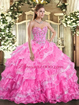Sweetheart Sleeveless Lace Up Sweet 16 Dress Rose Pink Organza