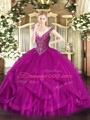 Comfortable Fuchsia Lace Up Quinceanera Dresses Beading and Ruffles Sleeveless Floor Length