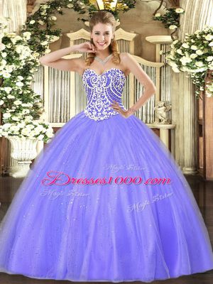 Lavender Ball Gowns Sweetheart Sleeveless Tulle Floor Length Lace Up Beading 15th Birthday Dress