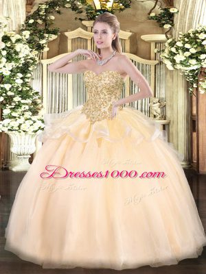 Luxury Champagne Lace Up Sweetheart Appliques Quinceanera Dresses Organza Sleeveless