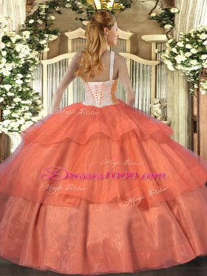 Free and Easy Hot Pink Tulle Lace Up High-neck Sleeveless Floor Length Quinceanera Dress Beading and Ruffled Layers