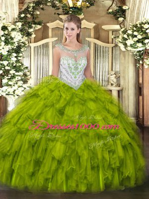 Superior Scoop Sleeveless Quinceanera Gown Floor Length Beading and Ruffles Olive Green Tulle