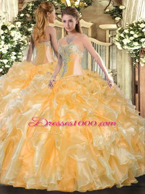 Gold Organza Lace Up Quinceanera Dress Sleeveless Floor Length Beading and Ruffles