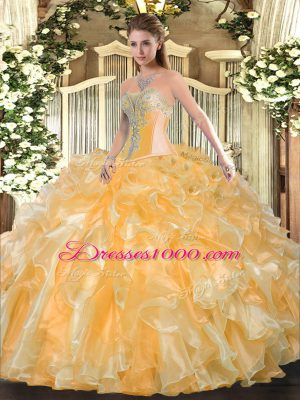 Gold Organza Lace Up Quinceanera Dress Sleeveless Floor Length Beading and Ruffles