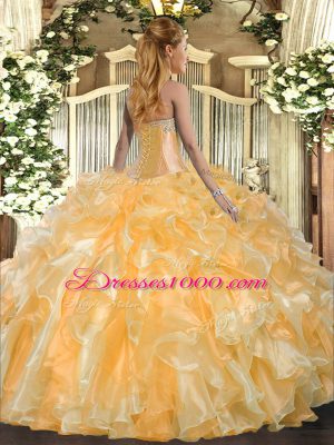 Gold Organza Lace Up Quinceanera Dress Sleeveless Floor Length Beading and Ruffles
