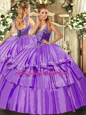 Straps Sleeveless Organza and Taffeta 15 Quinceanera Dress Beading and Ruffled Layers Lace Up