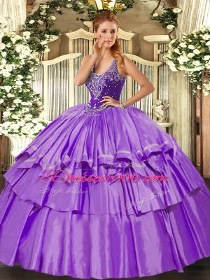 Straps Sleeveless Organza and Taffeta 15 Quinceanera Dress Beading and Ruffled Layers Lace Up
