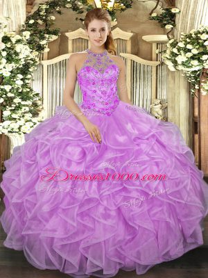 Free and Easy Sleeveless Organza Floor Length Lace Up 15 Quinceanera Dress in Lilac with Beading and Ruffles