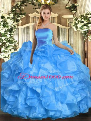 Floor Length Baby Blue 15 Quinceanera Dress Organza Sleeveless Ruffles