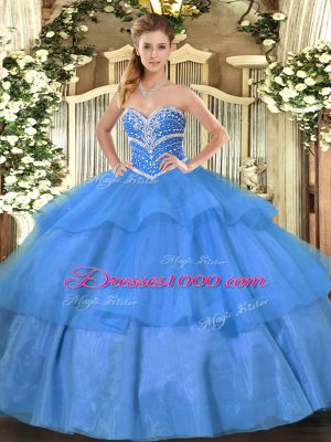 Ideal Blue Lace Up Ball Gown Prom Dress Beading and Ruffled Layers Sleeveless Floor Length