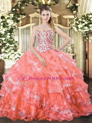 Fitting Floor Length Watermelon Red Quinceanera Gowns Sweetheart Sleeveless Lace Up