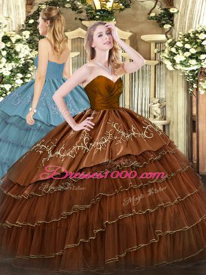 Attractive Sleeveless Floor Length Embroidery and Ruffled Layers Zipper Quinceanera Dress with Brown