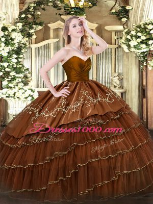 Attractive Sleeveless Floor Length Embroidery and Ruffled Layers Zipper Quinceanera Dress with Brown