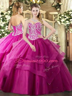 Customized Fuchsia Quinceanera Dresses Military Ball and Sweet 16 and Quinceanera with Beading and Ruffled Layers Sweetheart Sleeveless Lace Up