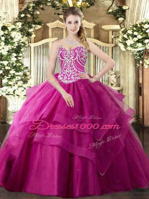 Customized Fuchsia Quinceanera Dresses Military Ball and Sweet 16 and Quinceanera with Beading and Ruffled Layers Sweetheart Sleeveless Lace Up