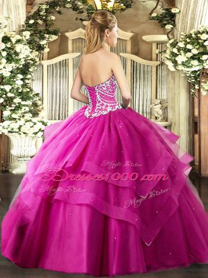 Customized Fuchsia Quinceanera Dresses Military Ball and Sweet 16 and Quinceanera with Beading and Ruffled Layers Sweetheart Sleeveless Lace Up