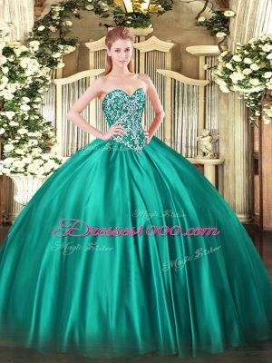 Dynamic Sweetheart Sleeveless Quinceanera Gowns Floor Length Beading Turquoise Satin