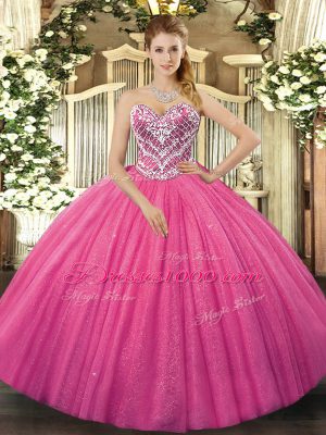 Hot Pink Sweetheart Neckline Beading Ball Gown Prom Dress Sleeveless Lace Up