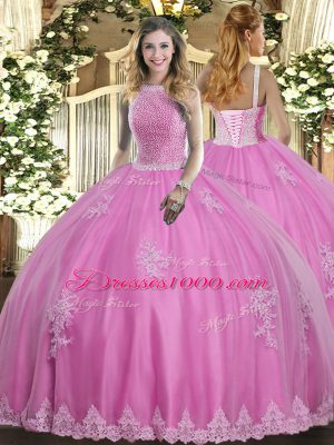 Rose Pink Ball Gowns Beading and Appliques Vestidos de Quinceanera Lace Up Tulle Sleeveless Floor Length