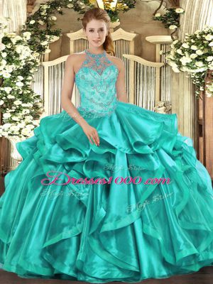 Halter Top Sleeveless Organza Ball Gown Prom Dress Beading and Embroidery and Ruffles Lace Up