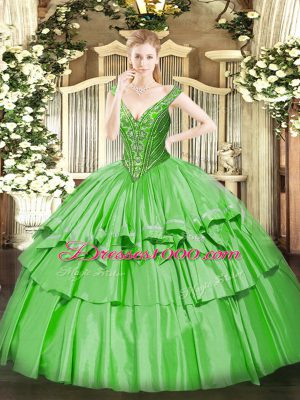 Delicate Quinceanera Dress Military Ball and Sweet 16 and Quinceanera with Beading and Ruffled Layers V-neck Sleeveless Lace Up