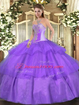 Wonderful Sleeveless Floor Length Beading and Ruffled Layers Lace Up Sweet 16 Quinceanera Dress with Lavender