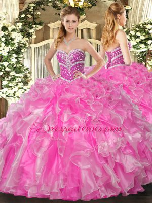 Luxurious Rose Pink 15th Birthday Dress Military Ball and Sweet 16 and Quinceanera with Beading and Ruffles Sweetheart Sleeveless Lace Up
