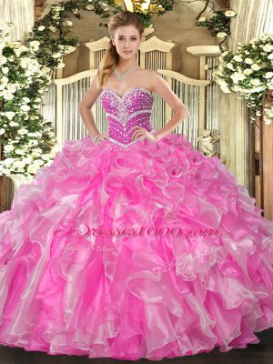 Luxurious Rose Pink 15th Birthday Dress Military Ball and Sweet 16 and Quinceanera with Beading and Ruffles Sweetheart Sleeveless Lace Up