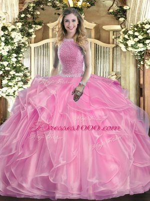 Super Organza Sleeveless Floor Length Quinceanera Gown and Beading and Ruffles