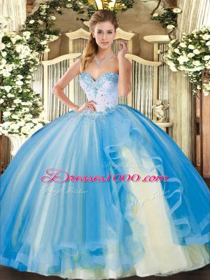 Floor Length Lace Up 15th Birthday Dress Baby Blue for Military Ball and Sweet 16 and Quinceanera with Beading and Ruffles