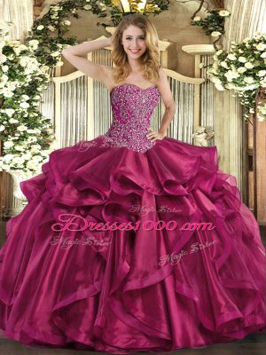 Wine Red Sweetheart Lace Up Beading and Ruffles Quinceanera Dresses Sleeveless