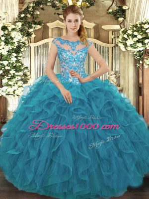 Exceptional Teal Cap Sleeves Floor Length Beading and Ruffles Lace Up Sweet 16 Quinceanera Dress
