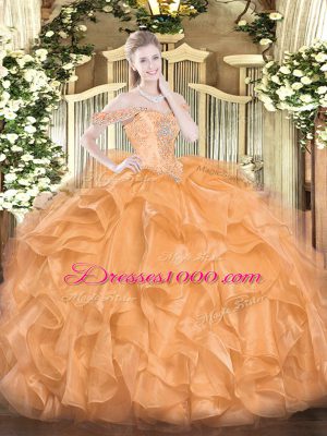 High Quality Floor Length Ball Gowns Sleeveless Orange Quince Ball Gowns Lace Up